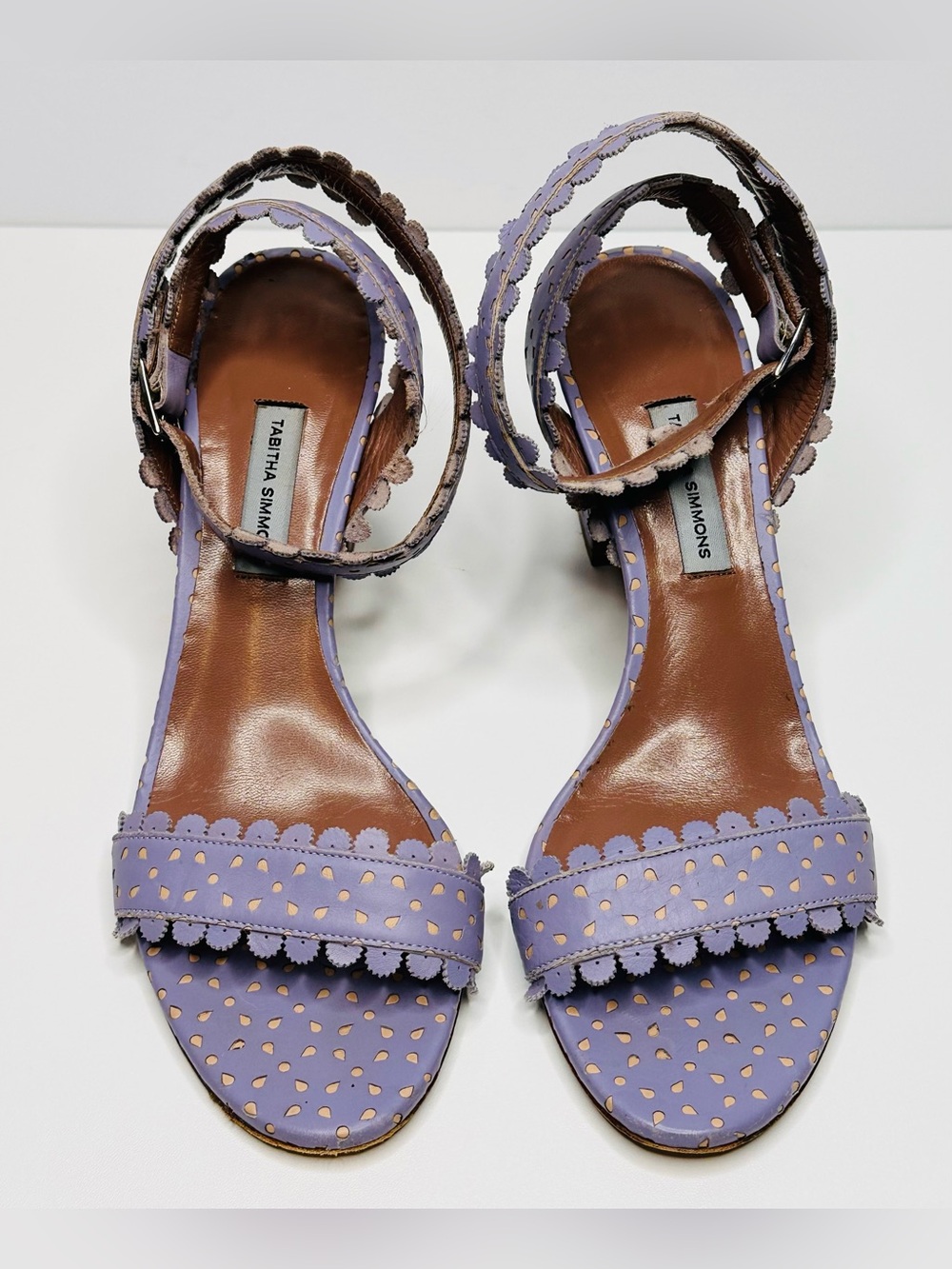 Tabitha Simmons Leticia Lavender Purple Perforated Leather Sandals Heels Shoes